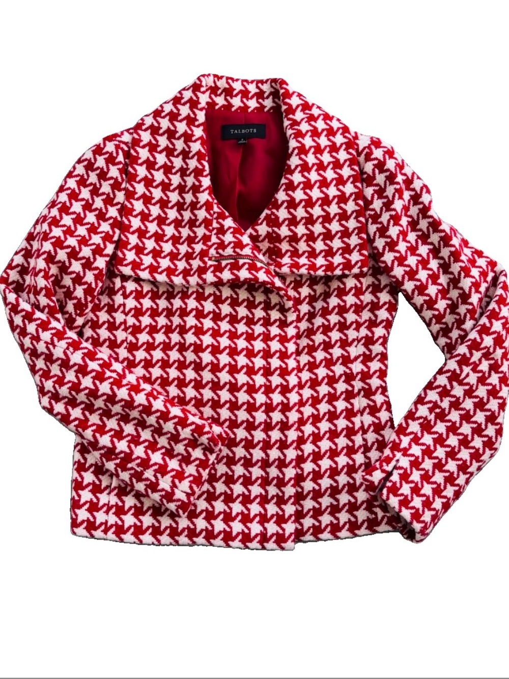 Talbots Red & Ivory Houndstooth Wool Blend Moto Jacket Size 2 EUC